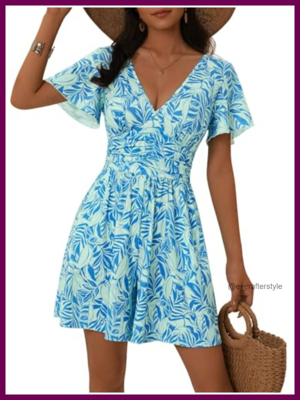 Women's Back Lace Up Floral Romper with Pockets Ruffle Sleeve Summer Jumpsuit